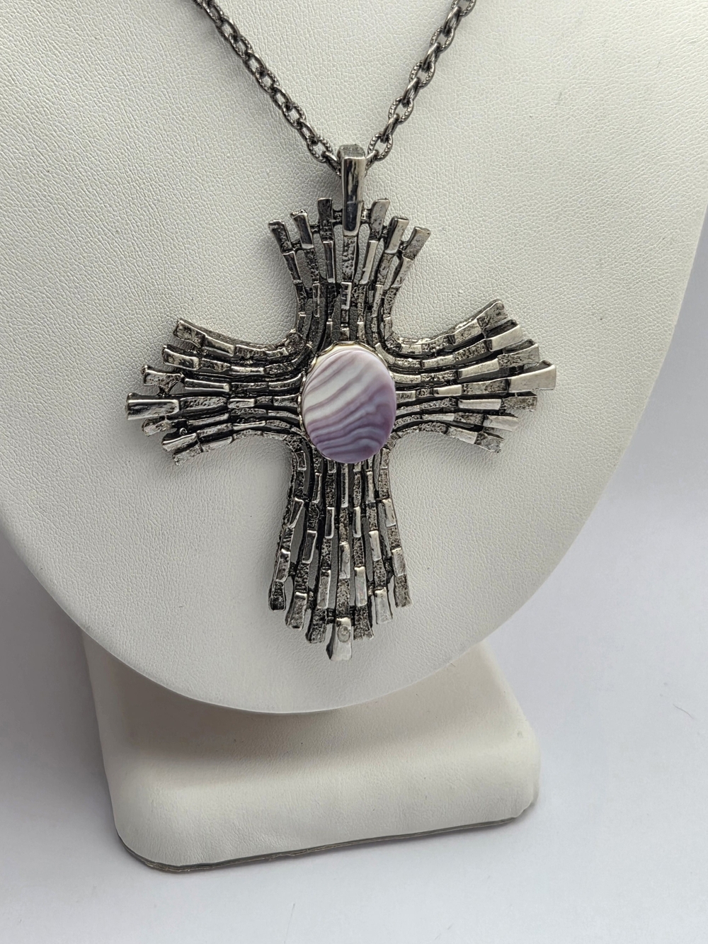 Vintage Brutalist Cross Pendant Necklace Silver Tone Purple Stone 22"